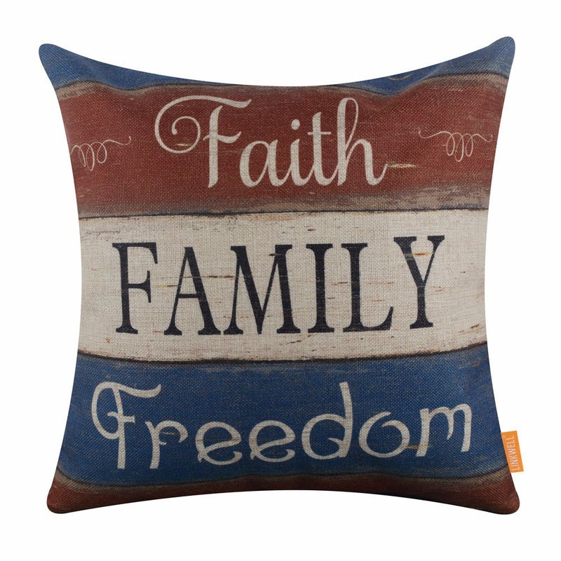 LINKWELL Americana Pillow Cover 18x18, 4th of July Decorative Pillow Cover, Faith Family Freedom Decor, Independence Day Cushion Pillowcase for Sofa Couch CC1410 - Image 1